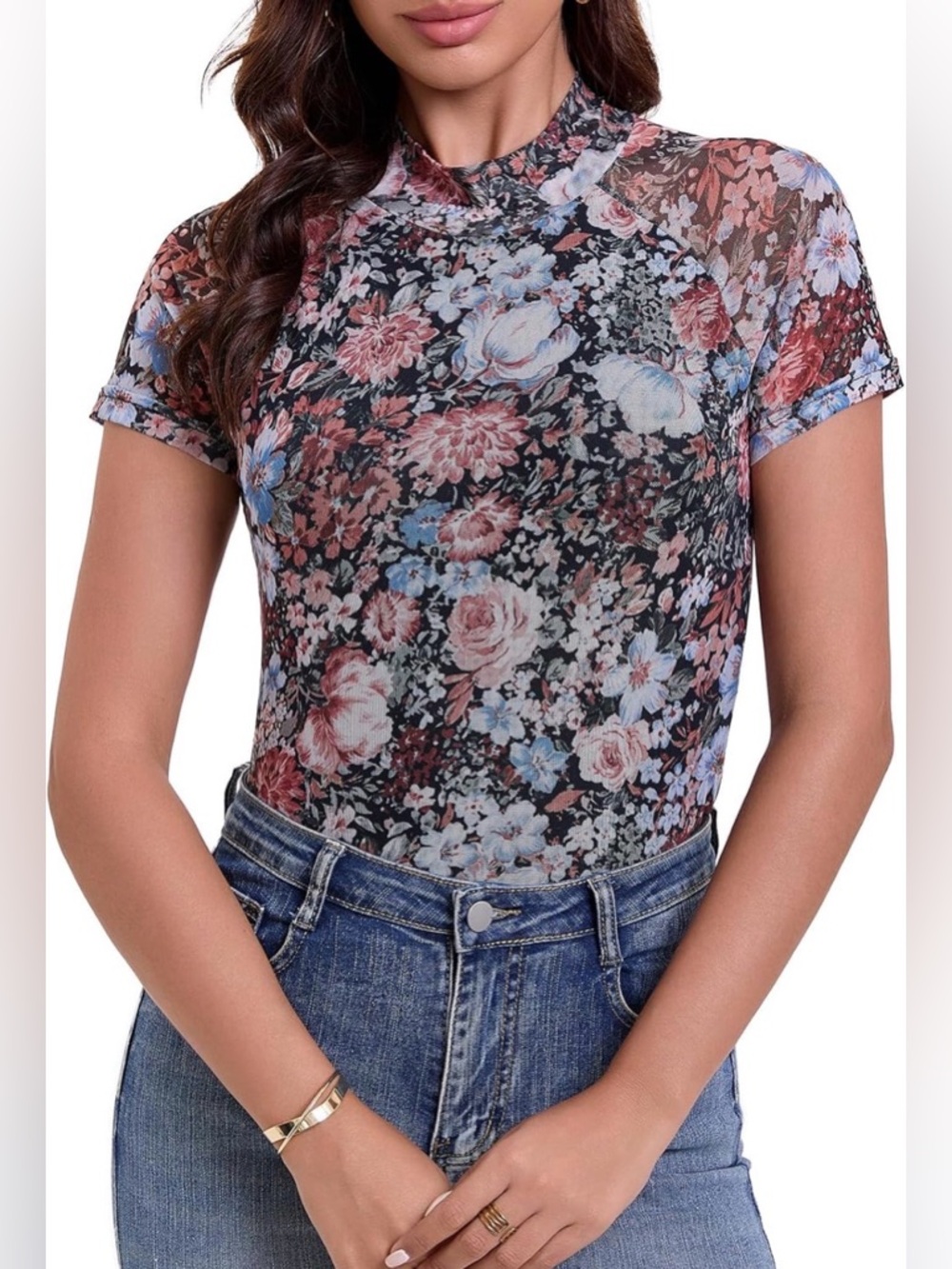 Black Blue Sheer Lace Floral Mock Neck Mesh, Short Sleeve Floral Top